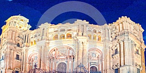 Panoramic view of Malaga Cathedral at night