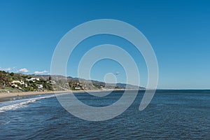 Panoramic view of Malibu coastline taken from a pier in Paradise Cove, Malibu, California