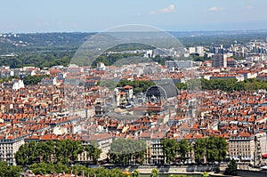Panoramic view with many houses of Lyon city in France from the