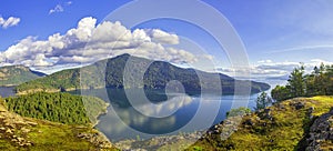 Panoramic view of Maple Bay and Gulf Islands in Vancouver Island, Canada