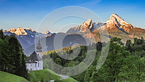 Panoramic view of Maria Gern church with snow-capped summit of Watzmann mountain