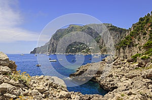 Panoramic view of Marina Piccola and Tyrrhenian sea in Capri island - Italy