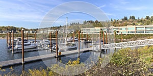 Panoramic view of a marina and residential buildings Vancouver WA.