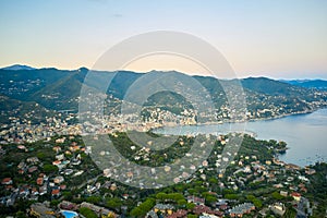 Panoramic view of marina in Santa Margherita Ligure at sunset. Italian landscape with colorful traditional houses and