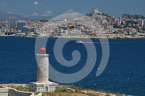 Panoramic view of Marseille over a lighthouse