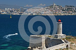 Panoramic view of Marseille over a lighthouse