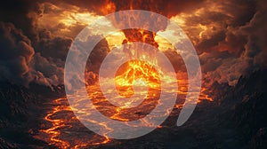 A panoramic view of a massive volcanic eruption with glowing lava and swirling ash clouds photo