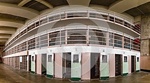 Panoramic view of the maximum security block and module and punishment cells of the Alcatraz federal prison.