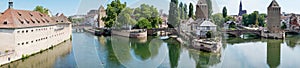 Panoramic view of medieval bridge Ponts Couverts from the Barrage Vauban in Strasbourg. France