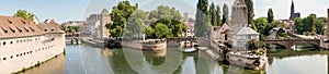 Panoramic view of medieval bridge Ponts Couverts from the Barrage Vauban in Strasbourg. France