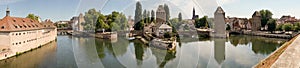 Panoramic view of medieval bridge Ponts Couverts from the Barrage Vauban in Strasbourg. France
