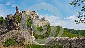 Duernstein - Panoramic view of medieval castle ruins of Duernstein, Austria in Krems an der Donau, Lower Austria photo