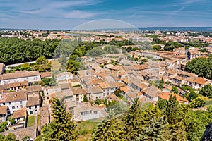 Panoramic View of medieval citadel Carcassonne from the castle walls of Carcassonne town. Ancient historical monuments