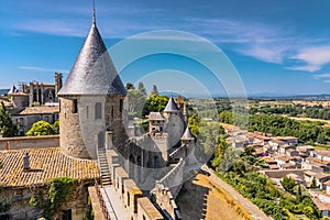 Panoramic View of medieval citadel Carcassonne from the castle walls of Carcassonne town. Ancient historical monuments