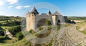 Panoramic view of medieval Khotyn fortress in Khotyn village on a Dniestr river, Chernivtsi region, Ukraine photo