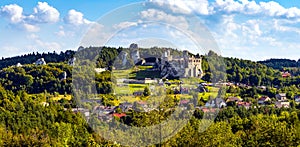Panoramic view of medieval Ogrodzieniec Castle seen from Gora Birow Mountain royal stronghold in Podzamcze of Silesia in Poland