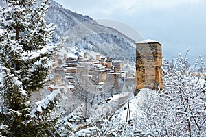 Panoramic view on Medieval towers in Mestia in the Caucasus Mountains, Upper Svaneti, Georgia.