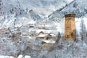 Panoramic view on Medieval towers in Mestia in the Caucasus Mountains, Upper Svaneti, Georgia.