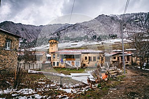 Panoramic view on Medieval towers and village in Mestia in the Caucasus Mountains, Upper Svaneti, Georgia.