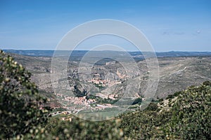 Panoramic view of the medieval town Albarracin and mountains