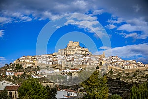 Panoramic view of the medieval town of Morella, CastellÃ³n, Spain photo