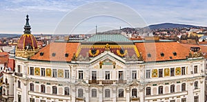 Panoramic view of Megyehaza building in Pecs, Hungary