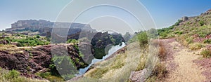 Panoramic view of Mehrangarh fort from Rao Jodha desert rock park.