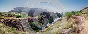 Panoramic view of Mehrangarh fort from Rao Jodha desert rock park