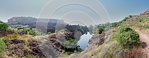 Panoramic view of Mehrangarh fort from Rao Jodha desert rock park, Jodhpur, India.