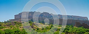 Panoramic view of Mehrangarh fort from Rao Jodha desert rock park, Jodhpur, India.