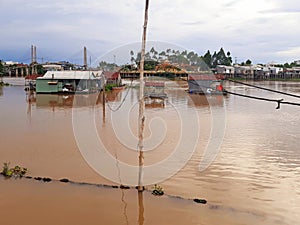 Panoramic view of mekong river and houseboats. Architecture and