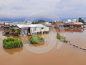 Panoramic view of mekong river and houseboats. Architecture and