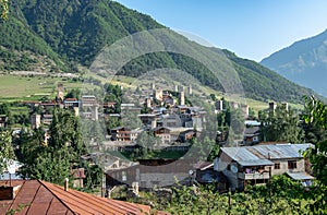 Panoramic view of Mestia, a highland townlet in Georgia in the Caucasus Mountains.