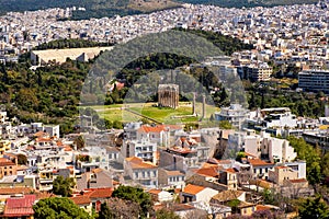 Panoramic view of metropolitan Athens with Temple of Olympian Zeus - Olympieion - seen from Acropolis hill in Athens, Greece