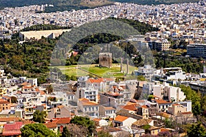 Panoramic view of metropolitan Athens with Temple of Olympian Zeus - Olympieion - seen from Acropolis hill in Athens, Greece photo