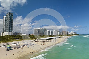 Panoramic view of Miami Beach urban landscape. South Beach high luxurious hotels and apartment buildings
