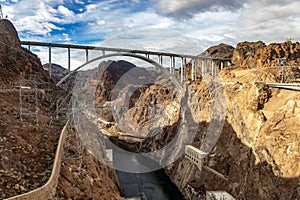 Panoramic view of the Mike O'Callaghan-Pat Tillman Memorial Bridge, next to the Hoover Dam on the Colorado River.