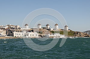 Panoramic view of the mills of Mykonos Greece