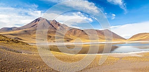 Panoramic view of Miniques Lagoon and Volcano - Atacama Desert, Chile