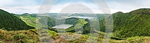 Panoramic view from the Miradouro da Grota do Inferno viewpoint showing three crater lakes at Sete Cidades on SÃ£o Miguel Island