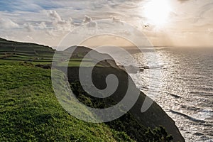 Panoramic view from the Miradouro da Ponta do Escalvado at the sunset in the Sao Miguel island. Azores, Portugal