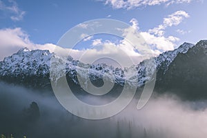 Panoramic view of misty forest in mountain area with mountains h