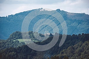 Panoramic view of misty forest in western carpathian mountains.