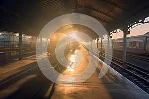 Panoramic view of misty sunset in vintage outdoors train station