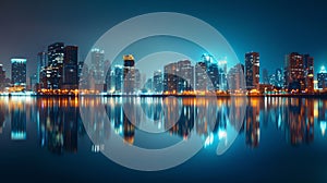 A panoramic view of a modern city at night its reflection shimmering on the calm waters beneath. The citys commitment to