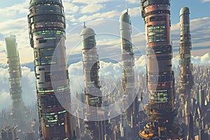 A panoramic view of a modern cityscape filled with futuristic skyscrapers towering above the bustling streets below, A city