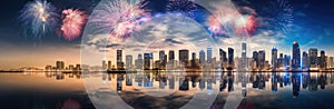 panoramic view of modern cityscape with fireworks and reflection on water