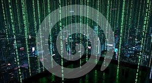 Digital Cityscape with Green Binary Code Falling, Futuristic Data Flow