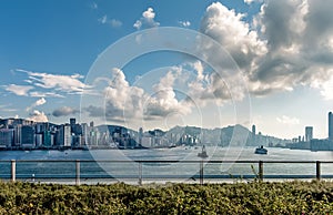 Panoramic View of Hong Kong from Kai Tak with Afternoon Sun and Blue Sky photo