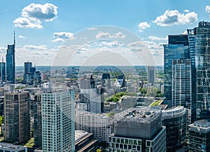 Panoramic. view of modern skyscrapers and business centers in Warsaw. View of the city center from above. Warsaw, Poland